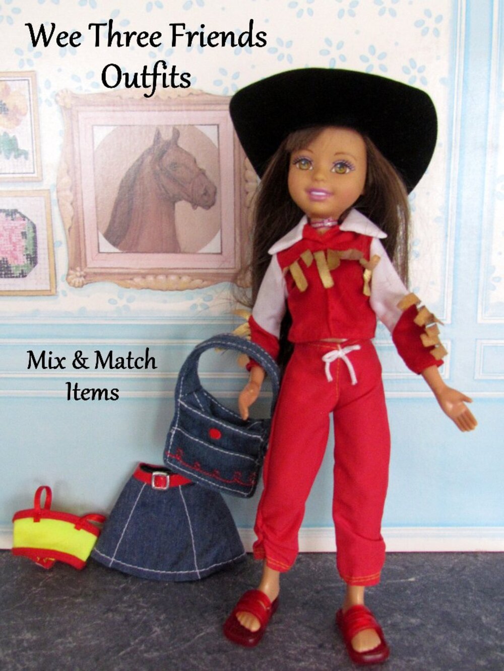 WEE 3 FRIENDS CLOTHES: COWGIRL HAT, WESTERN SHIRT, TOP, PANTS, SKIRT, BAG, SHOES